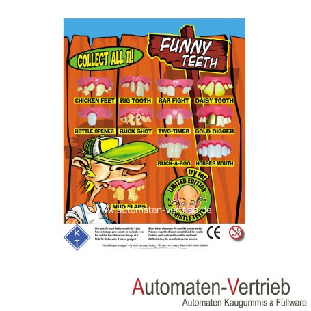 Bunte Abbildung lustiger Zähne mit verschiedenen Designs und Beschreibungen.