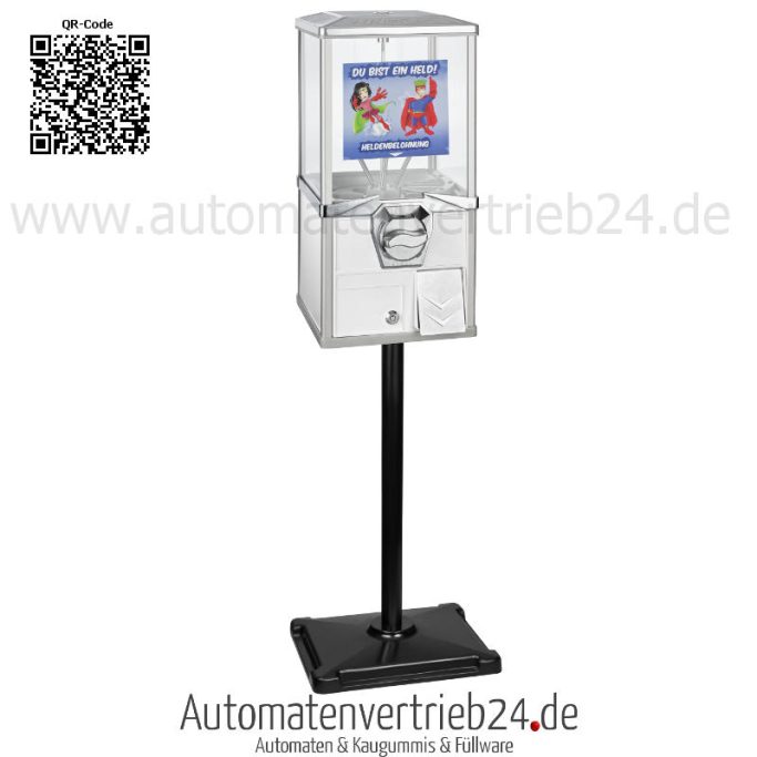 Ein Kaugummiautomat auf einem schwarzen Standfuß mit transparentem Gehäuse.