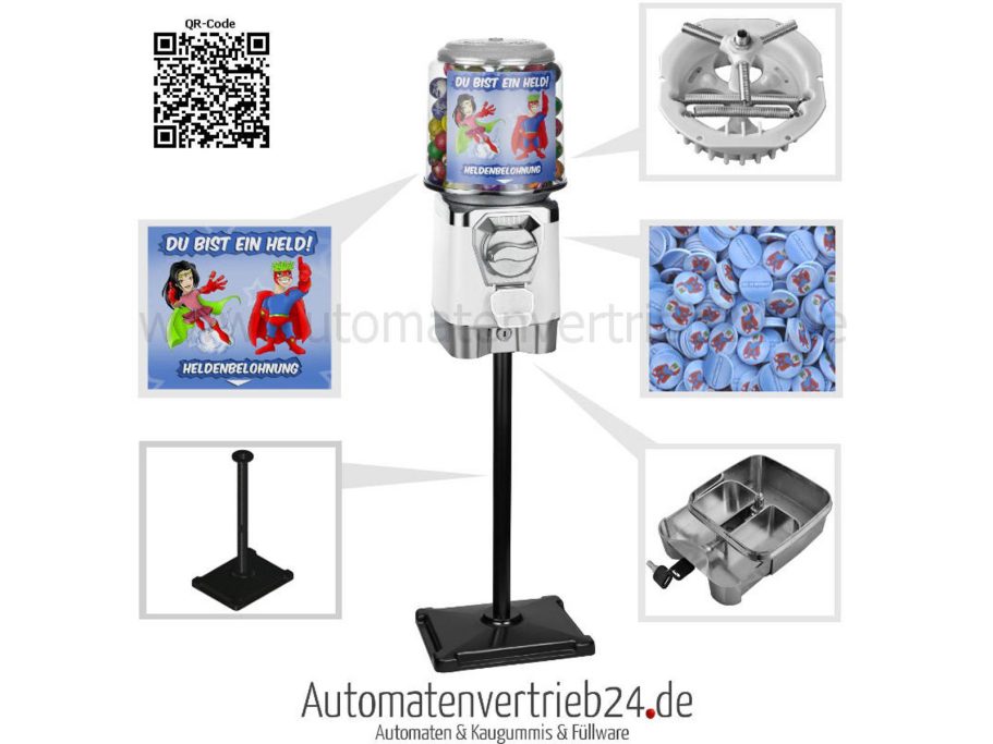Unser Heldenautomat mit zylindrischen Glasbehälter in weiß auf einem Ständer montiert und Auschnitte von Details und Zubehör