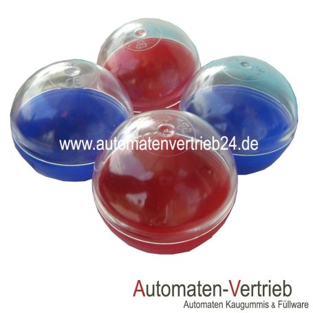 Vier halbtransparente Kugeln in Rot und Blau, gruppiert.