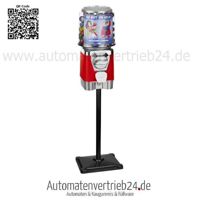 Kaugummiautomat auf einem Standfuß mit bunten Kugeln im oberen Behälter.